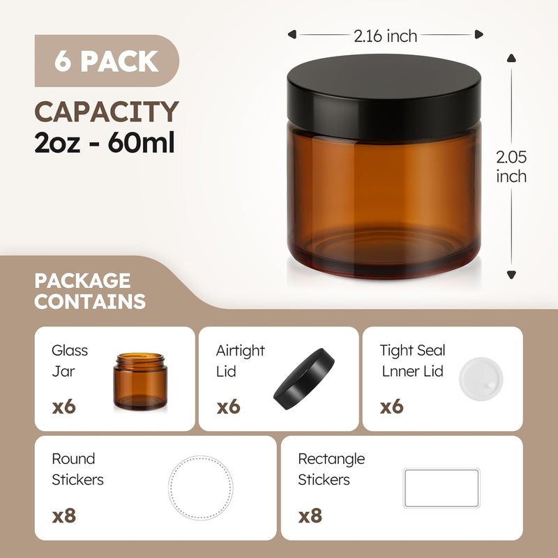 Tecohouse 2 oz Glass Jars with Lids, 6 Pack Amber Glass Jars with Black Lids Leakproof Round Airtight Empty Cosmetic Travel Containers with Inner Liners For Lotions Powders and Candle Making - Image 3